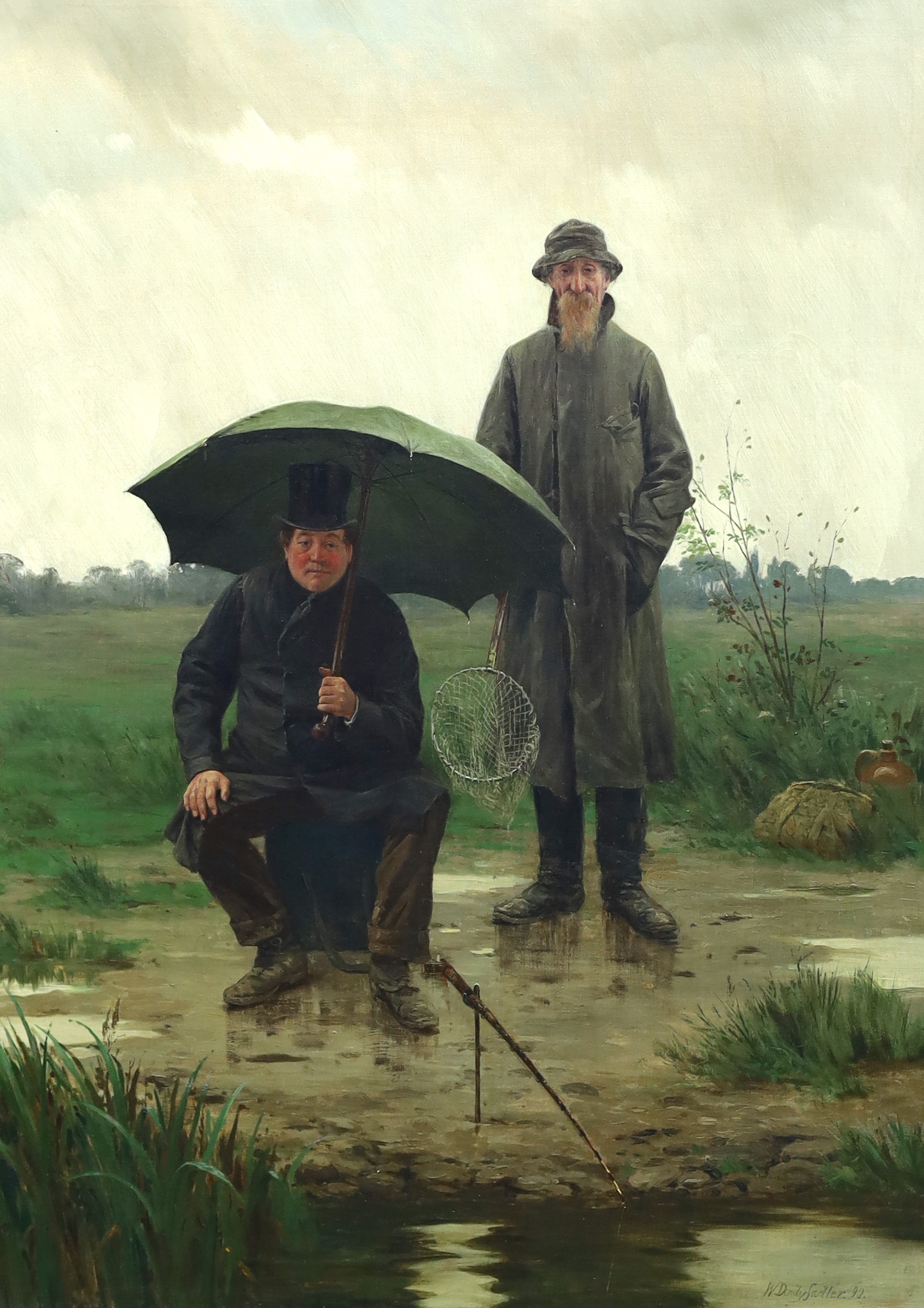 Walter Dendy Sadler (British, 1854-1923), 'Fishing in the rain', oil on canvas, 76 x 56cm